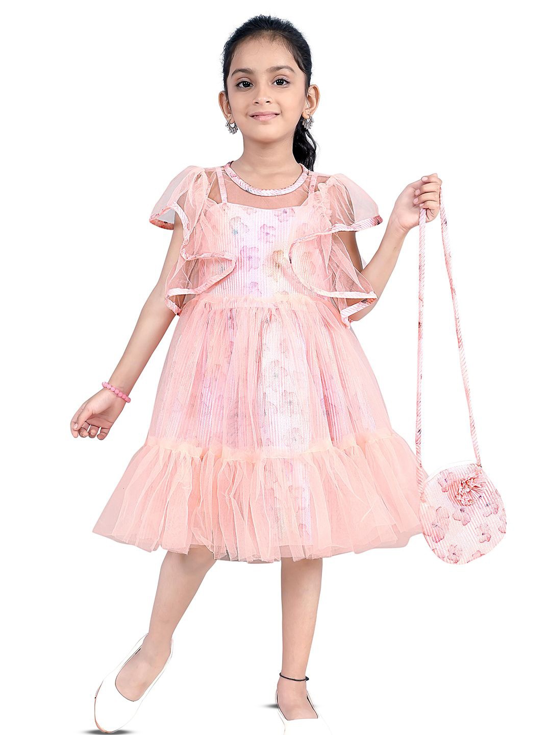 

Fabangel Self Design Floral Flared Sleeve Fit & Flare Dress, Peach