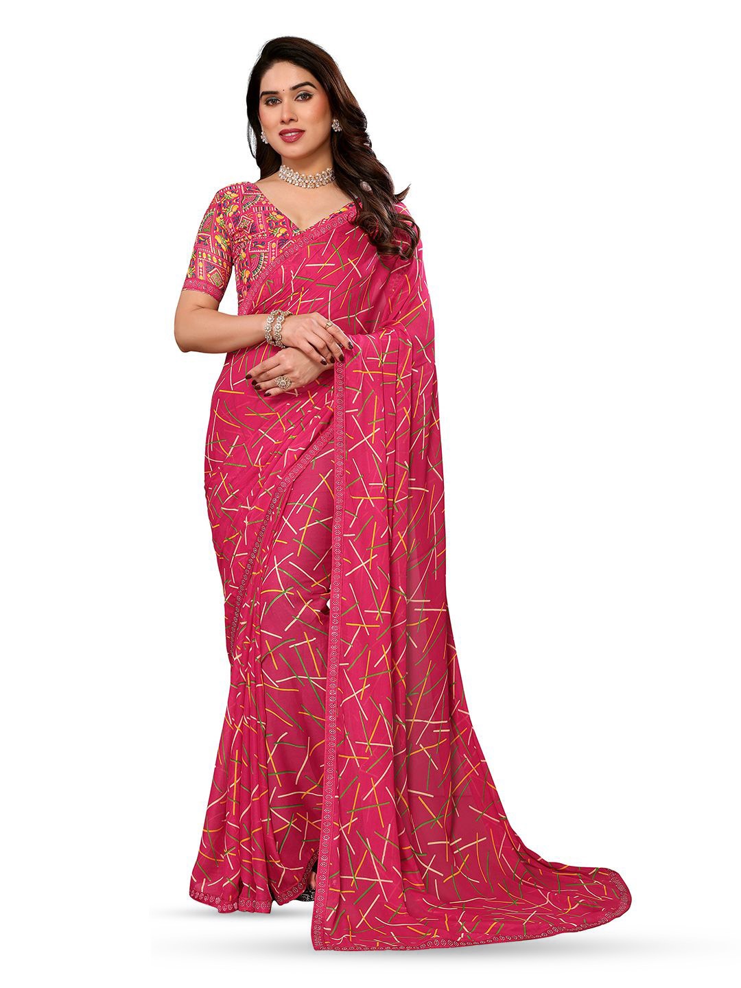 

ANAND SAREES Striped Mukaish Pure Georgette Saree, Pink