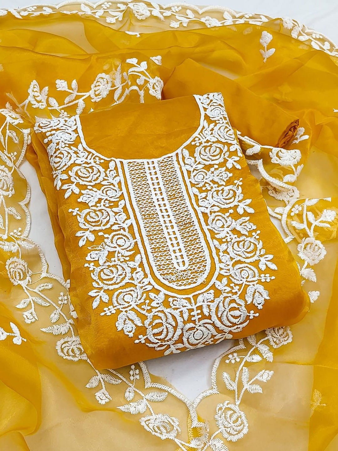 

ZEEPKART Organza Unstitched Dress Material, Yellow