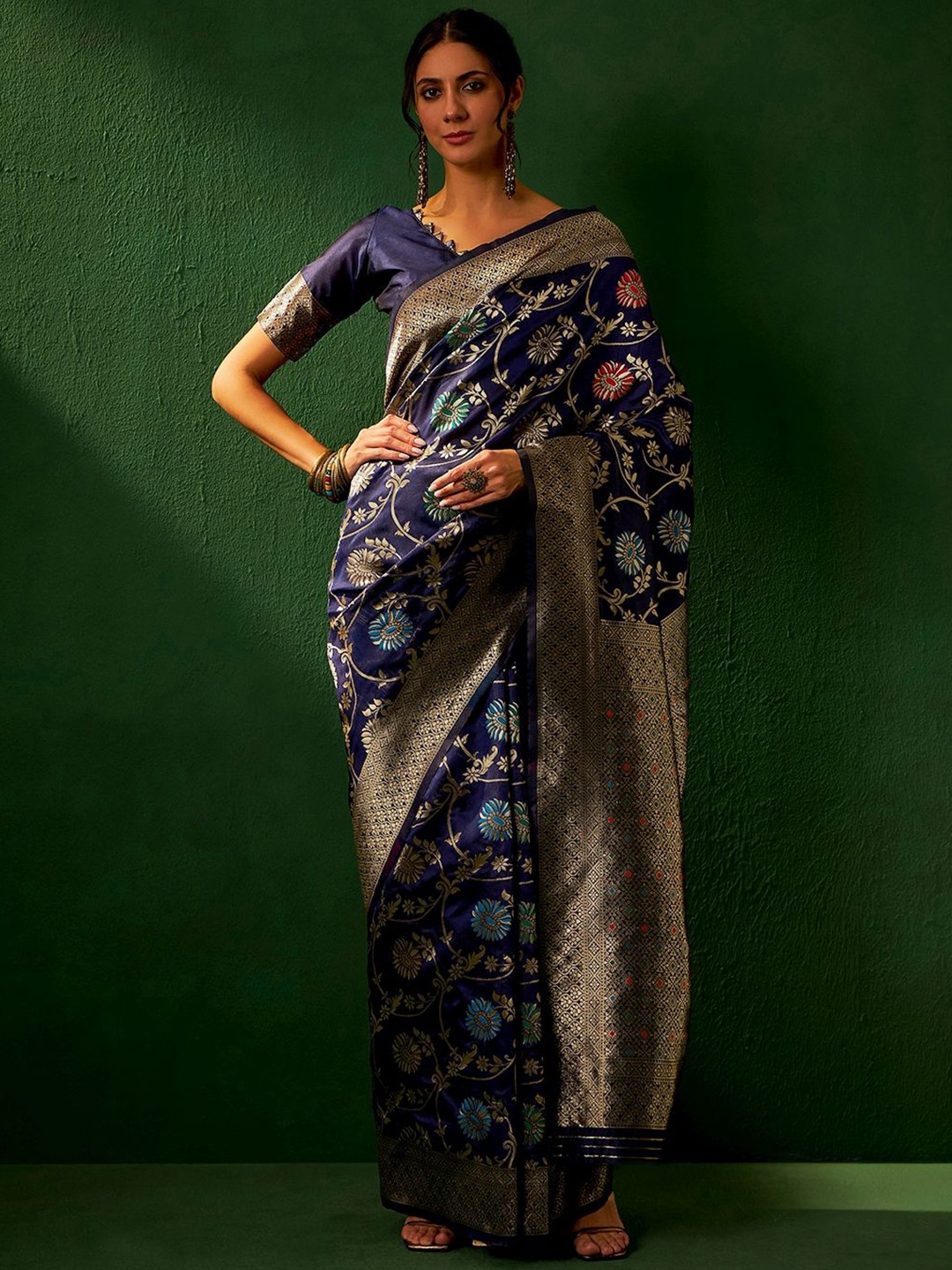 

Suha Woven Design Zari Art Silk Ready to Wear Banarasi Saree, Navy blue