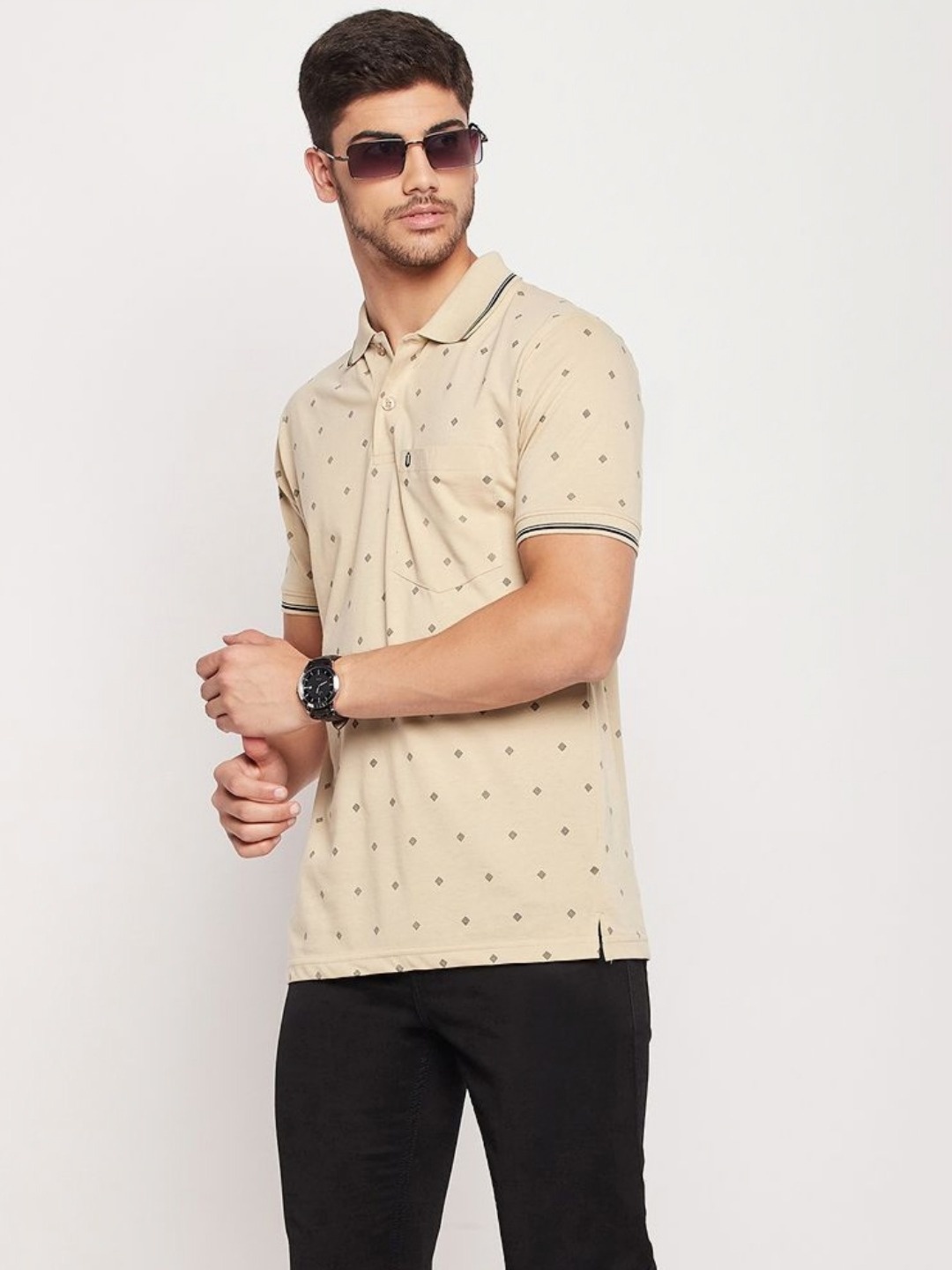 

UNIBERRY Men Printed Polo Collar T-shirt, Beige
