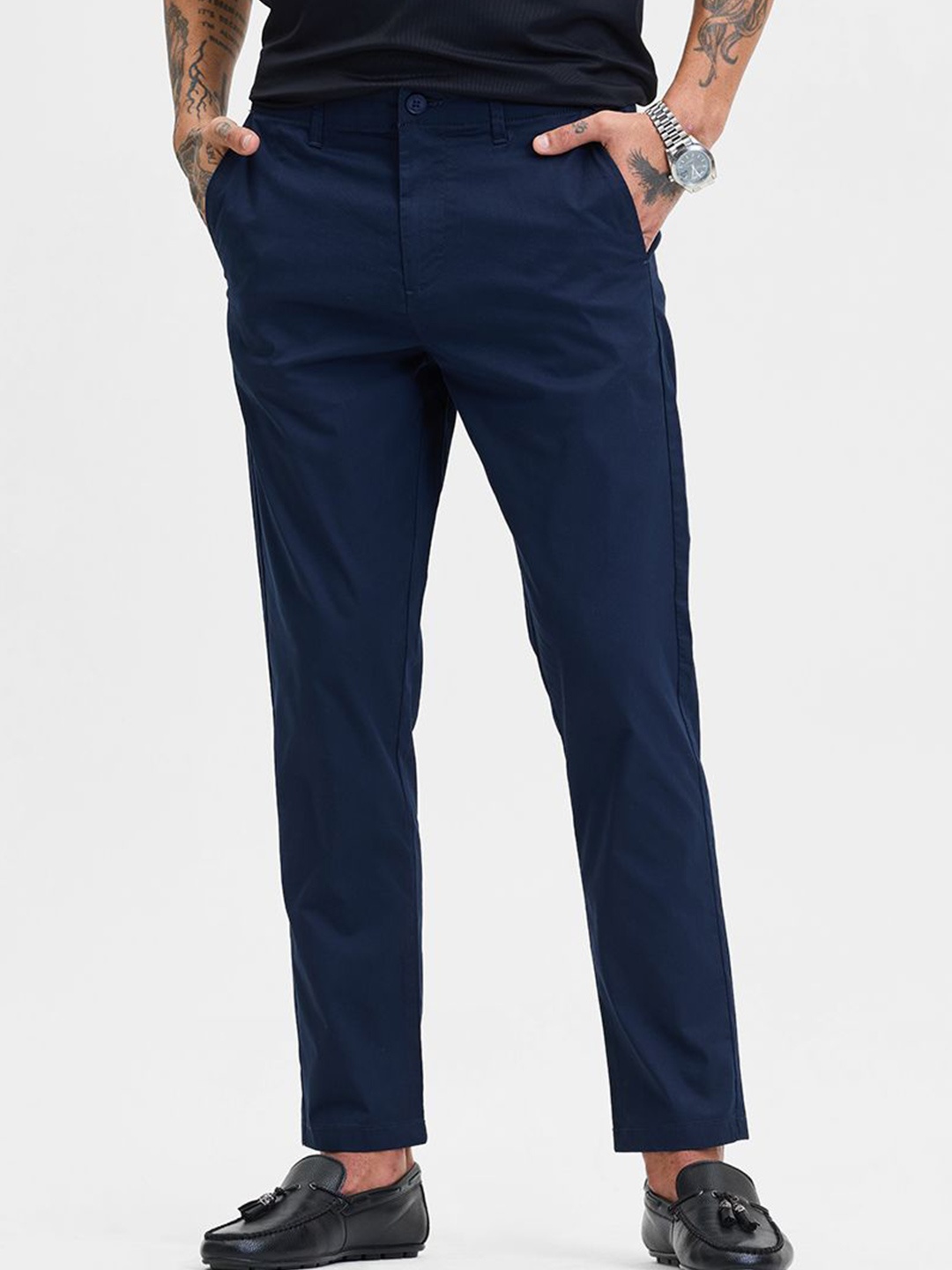

Snitch Men Smart Slim Fit Chinos Trousers, Navy blue