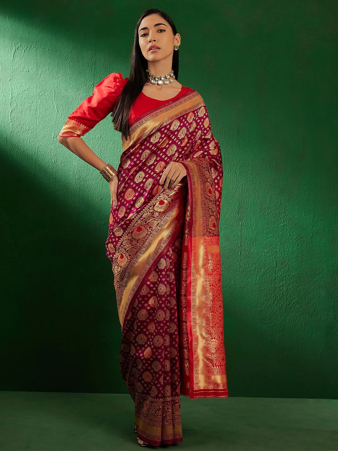 

Suha Woven Design Zari Art Silk Ready to Wear Banarasi Saree, Burgundy