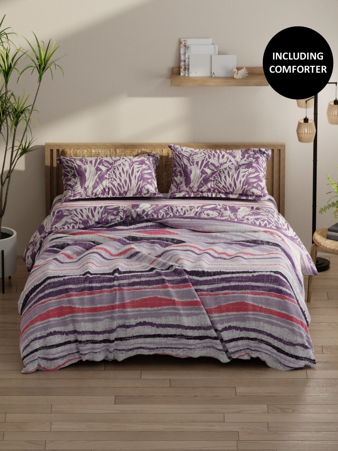 

KOPA Purple & White 4 Pcs Abstrac Printed Cotton Queen Comforter & Bedsheet Set