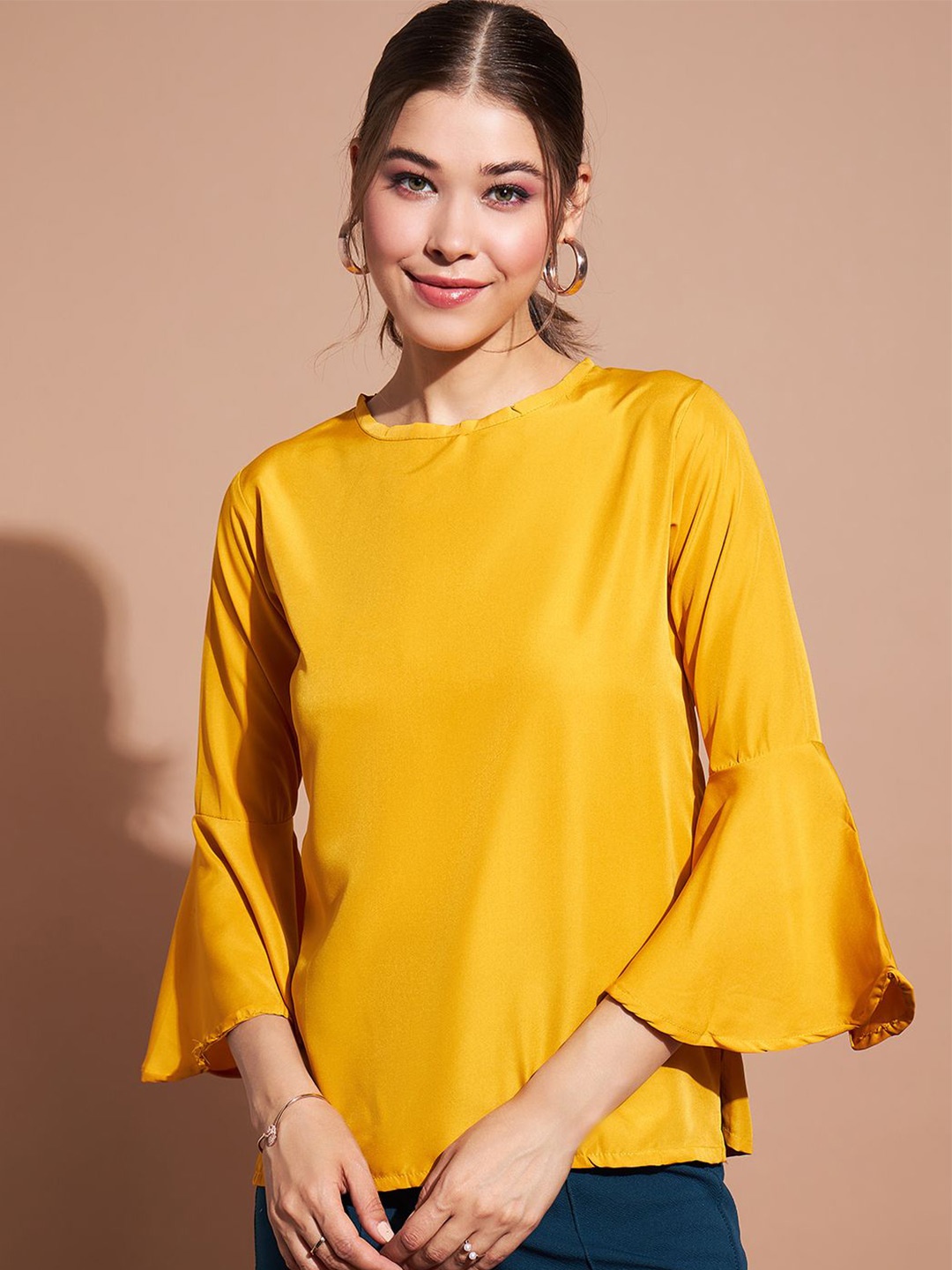 

DressBerry Women Bell Sleeve Crepe Top, Yellow