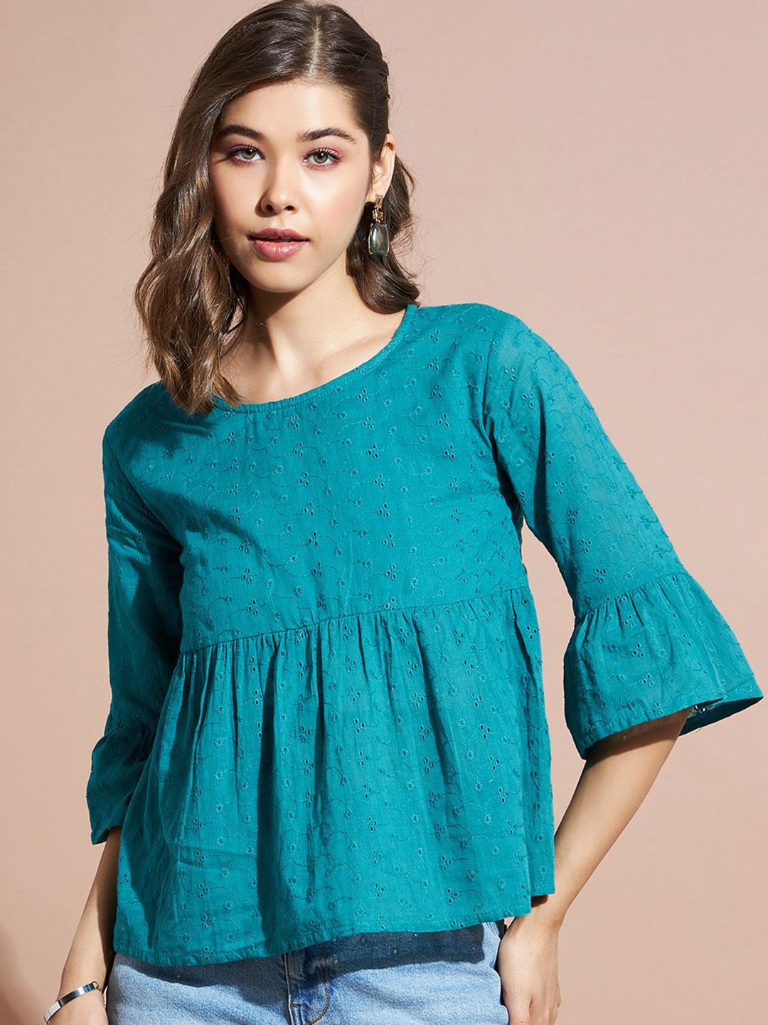 

DressBerry Women Self Design Bell Sleeve A-Line Crop Top, Green