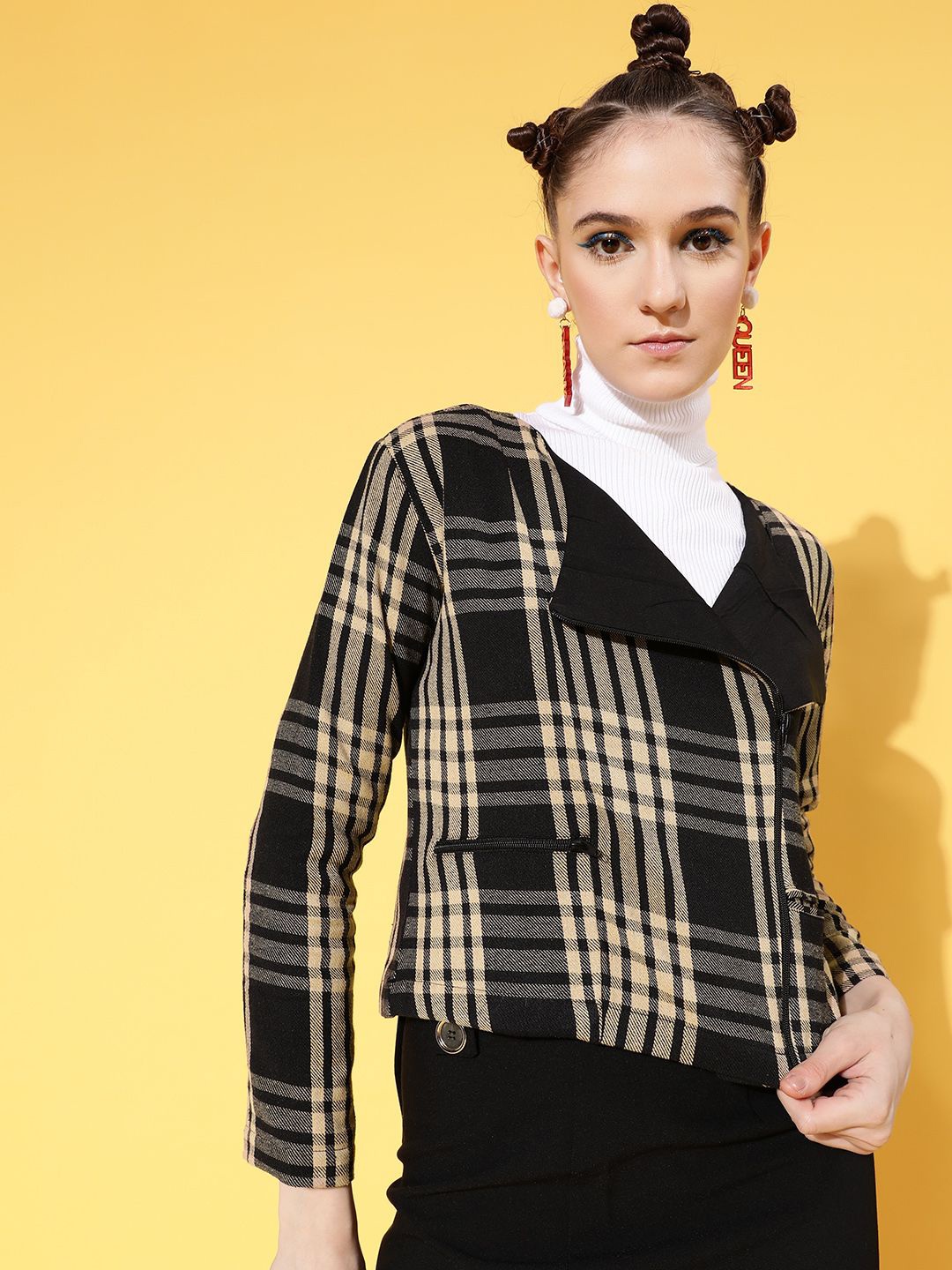 

SASSAFRAS Women Checked Biker Jacket, Brown