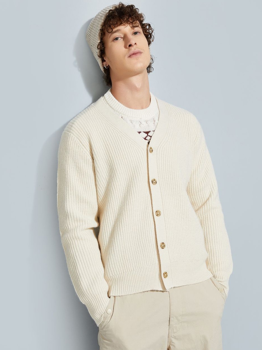 

MAX URB_N Men Knit Cardigan, Off white