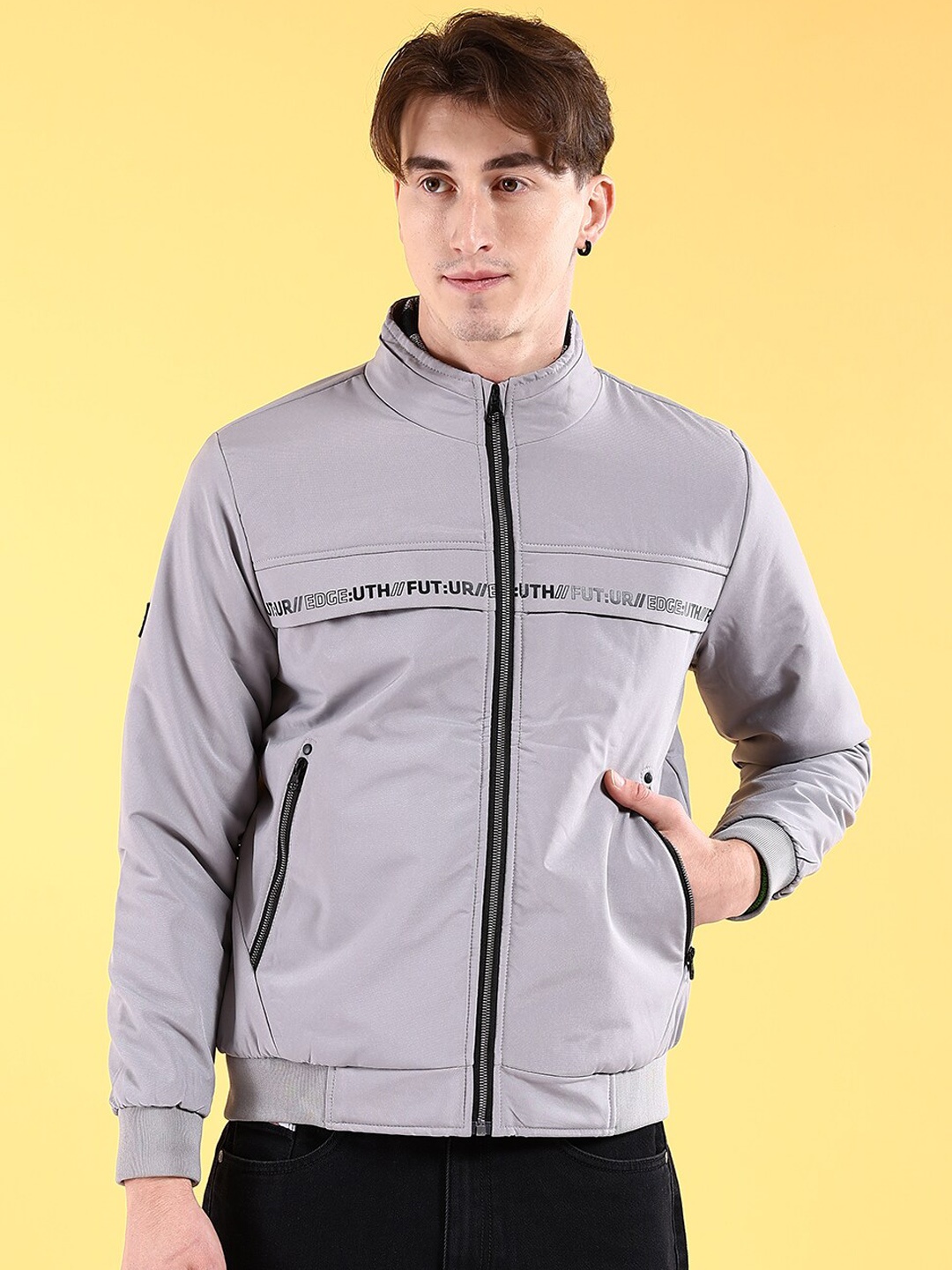 

The Indian Garage Co Men Regular Fit Zip-Front Bomber Jacket, Grey