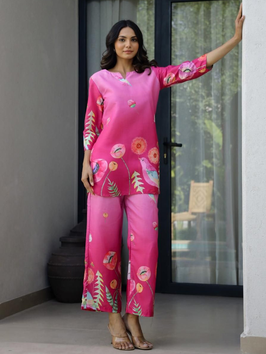 

FLAVIA CREATION Notch Neck Printed Pure Cotton Tunic With Trousers, Pink