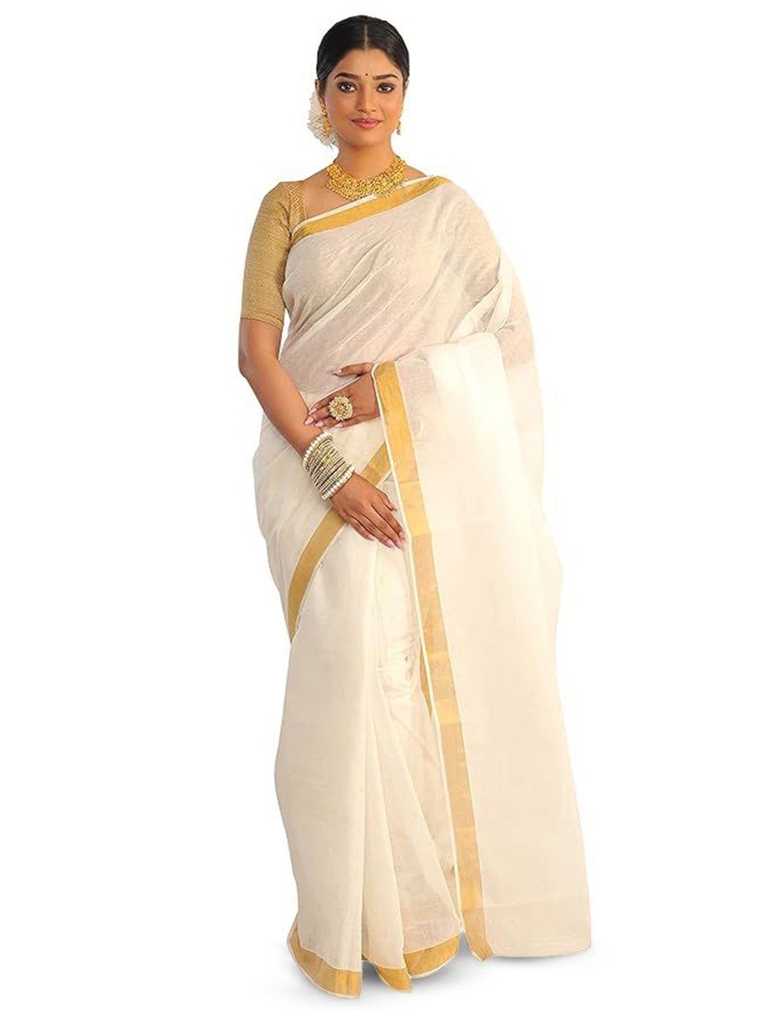 

RAJ SAREE HOUSE Zari Pure Cotton Taant Saree, Cream