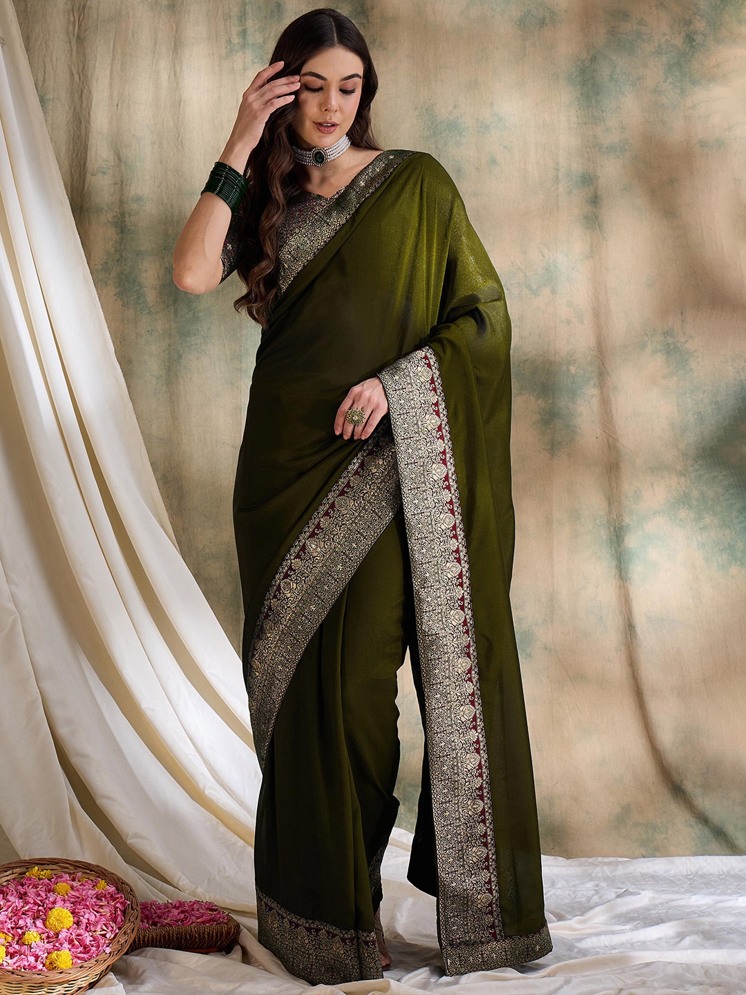 

Suha Zari Art Silk Saree, Olive