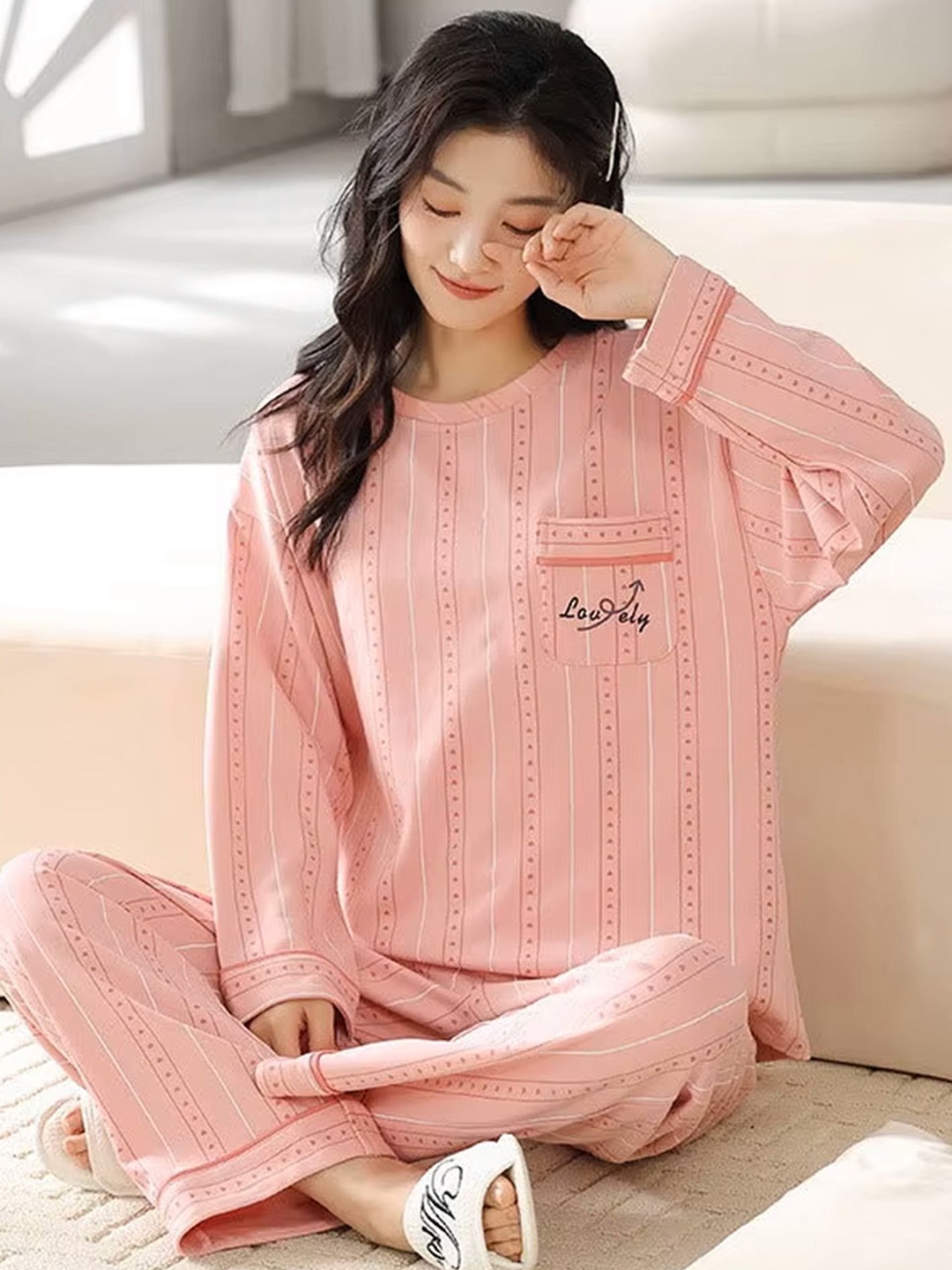 

LULU & SKY Women Striped Slip-On Night suit, Pink