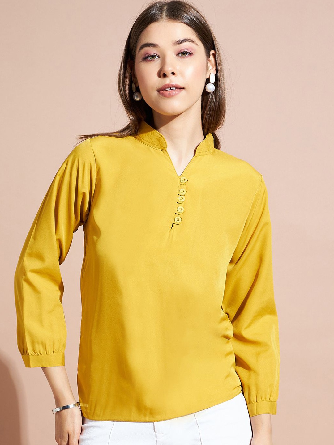 

DressBerry Women Mandarin Collar A-Line Top, Yellow