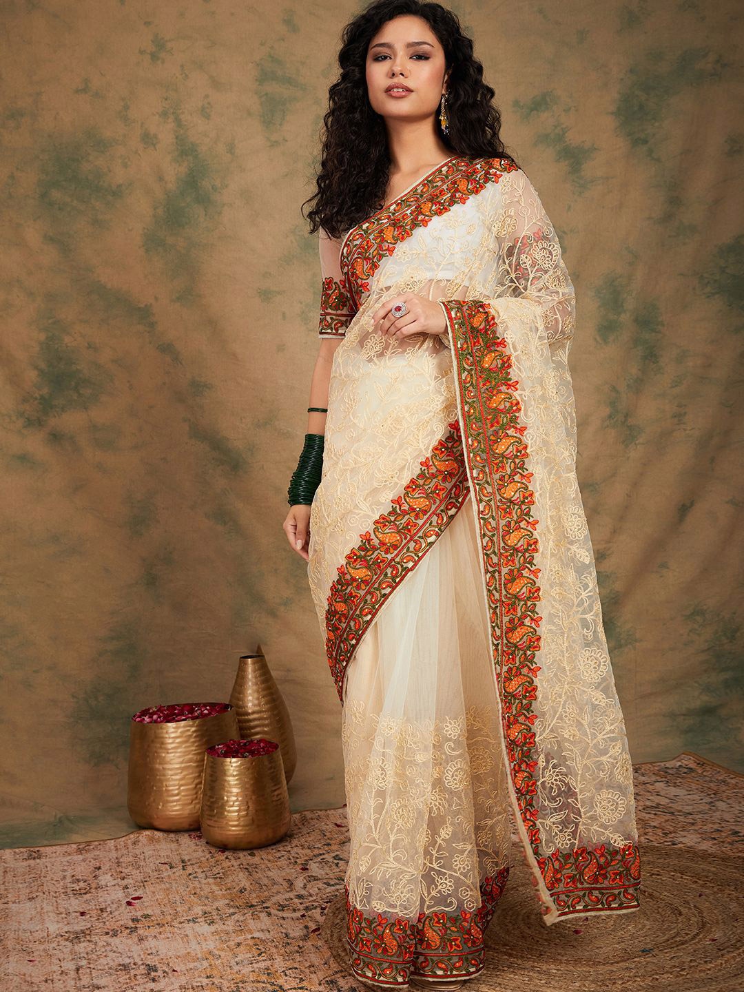 

Suha Embellished Sequinned Supernet Saree, White