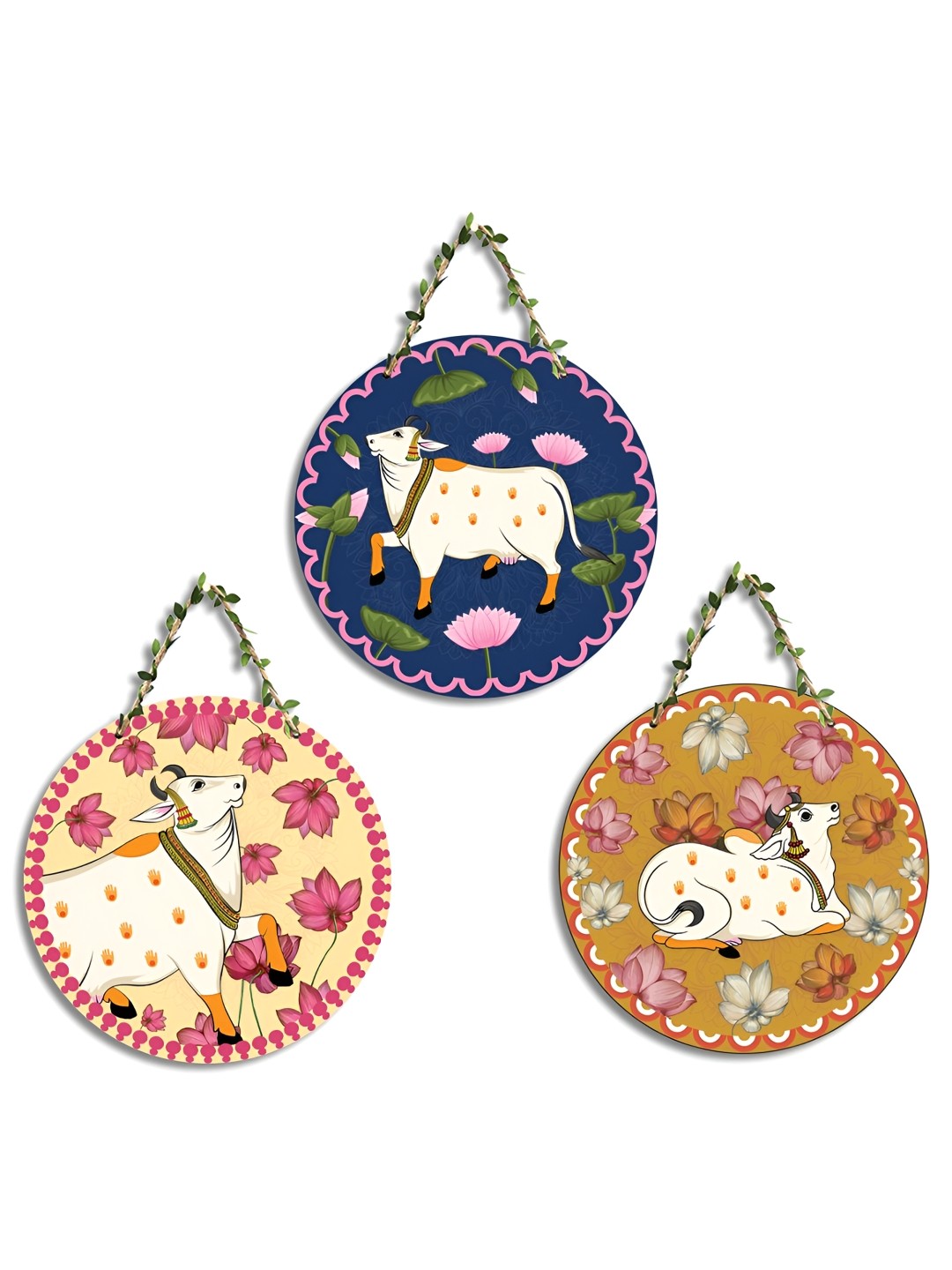 

SEHAZ ARTWORKS New circle Blue & Cream 3 Pieces Printed Wooden Wall Hanging Decor