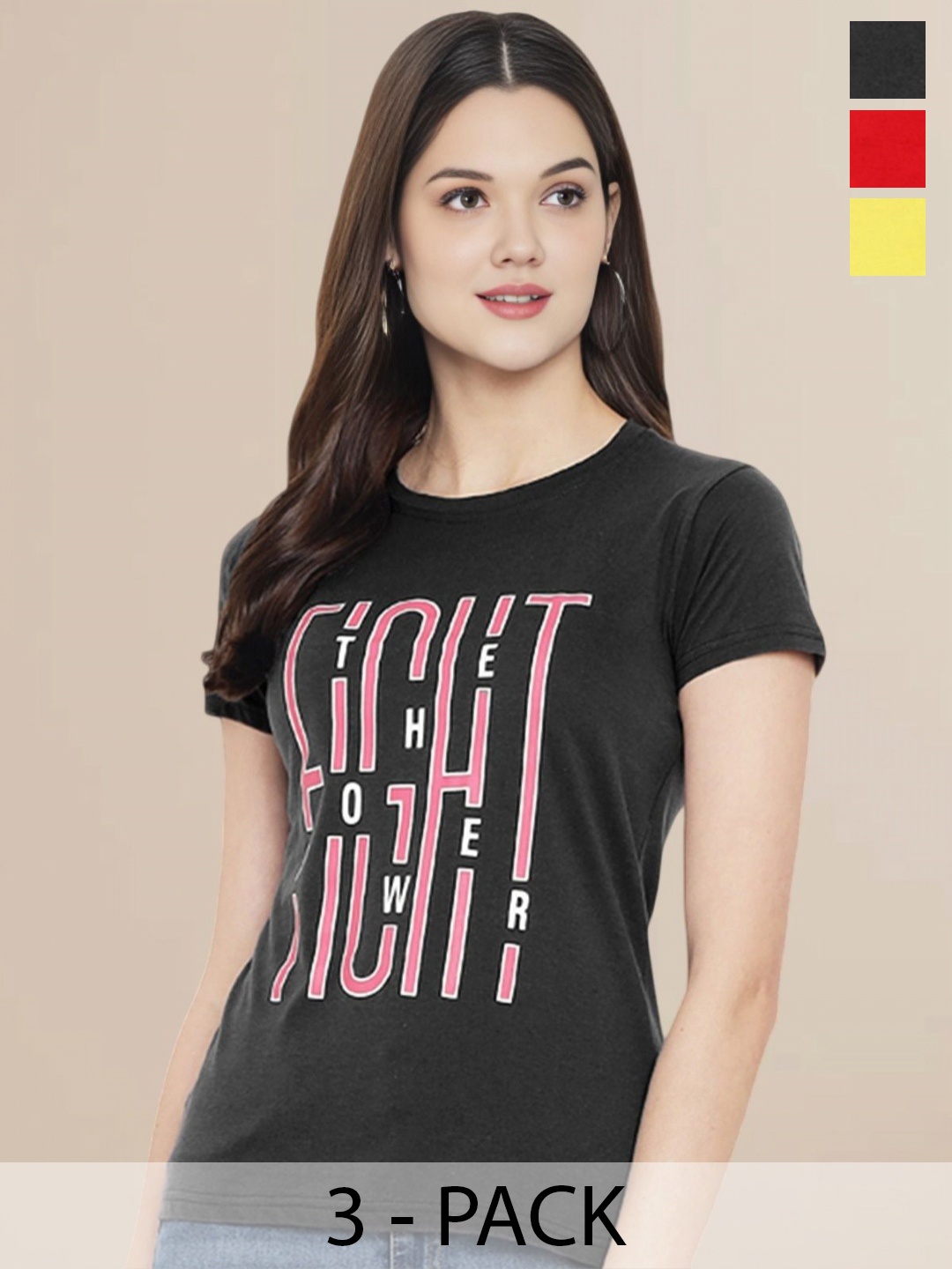

Metronaut Women Pack Of 3 Typography Printed Round Neck Cotton T-shirts, Red