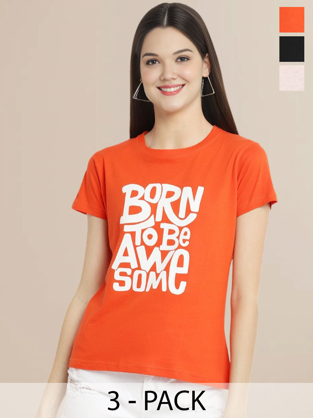 

Metronaut Women Pack Of 3 Typography Printed Round Neck Cotton T-shirts, Peach
