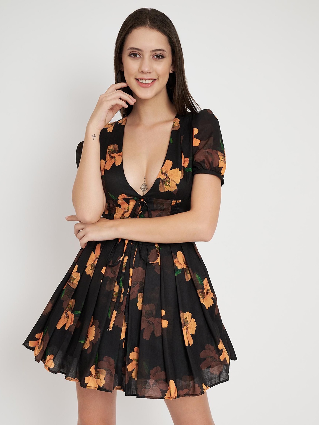 

CE Dresses0 Floral Print Puff Sleeve Fit & Flare Mini Dress, Black