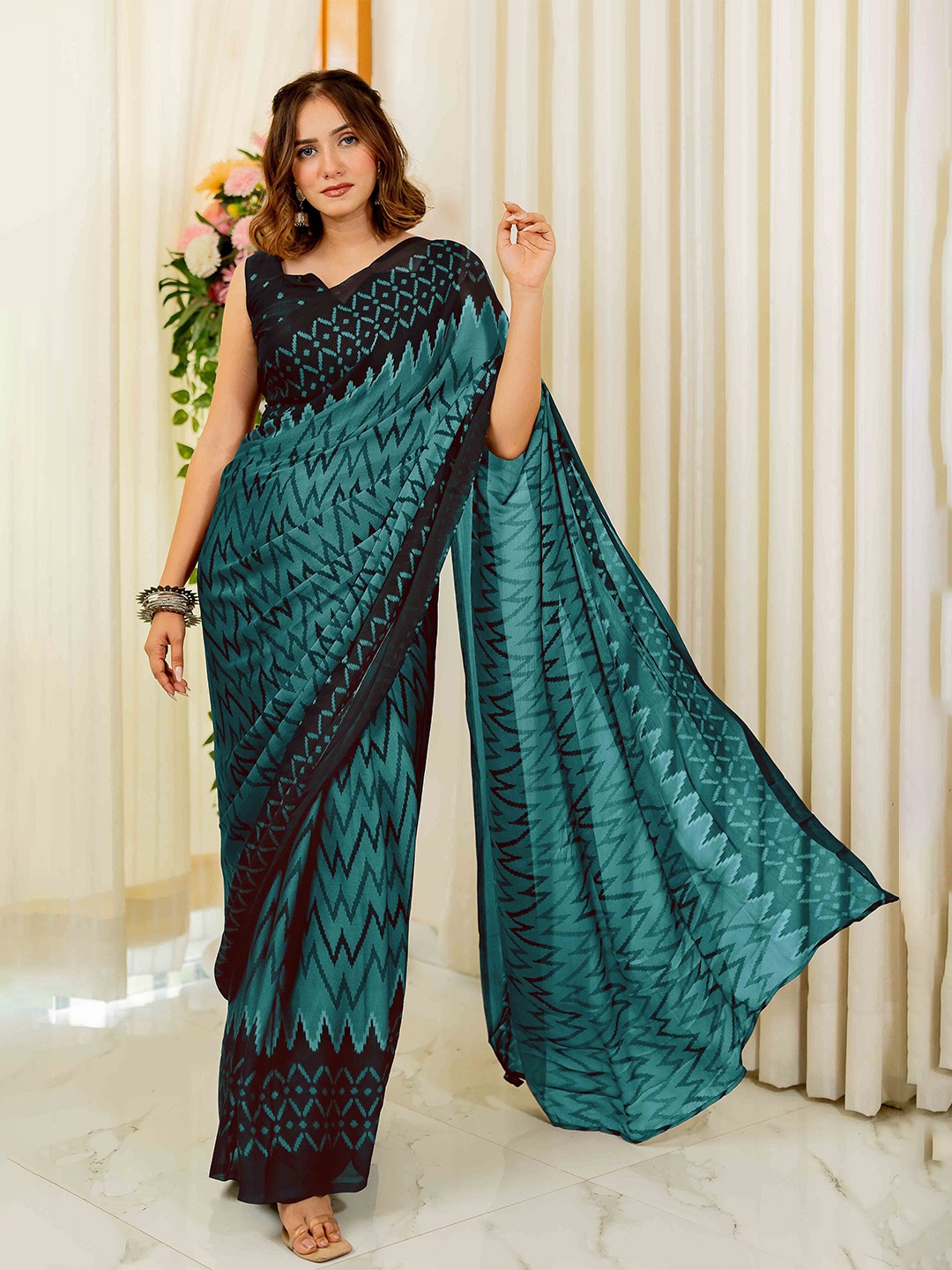 

KALINI Leheriya Poly Chiffon Leheriya Saree, Blue