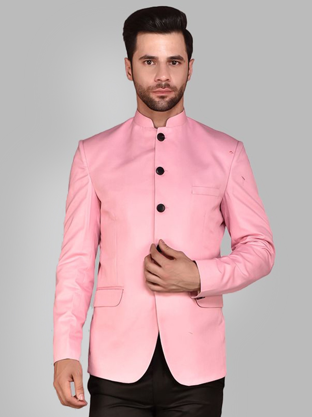 

PRINTINDIA Mandarin Collar Single BreastedBlazer, Pink