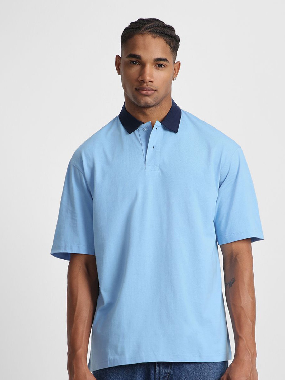 

VEIRDO Men Polo Collar Drop-Shoulder Sleeves Pure Cotton Oversize T-shirt, Blue