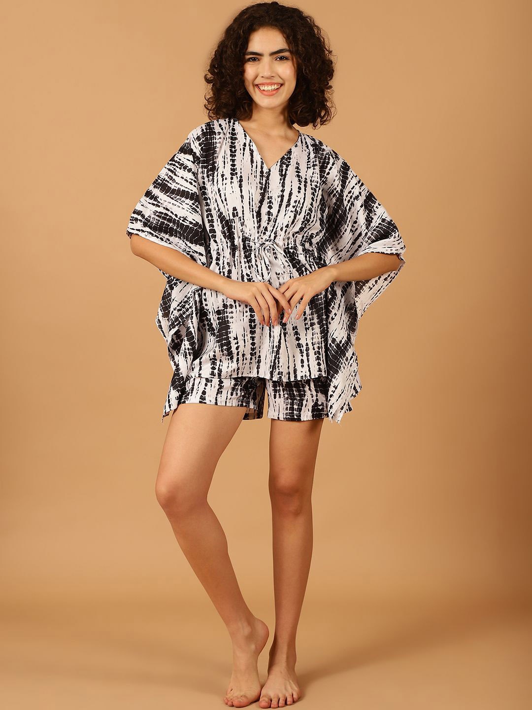 

Blissence Women Tie and Dye Printed Kaftan & Shorts Night suit, Black