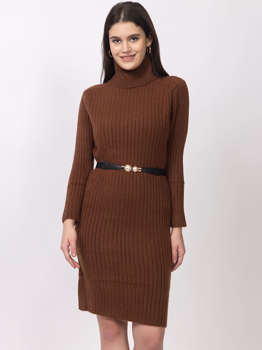 

Lory Self Design High Neck Mini Dress, Copper
