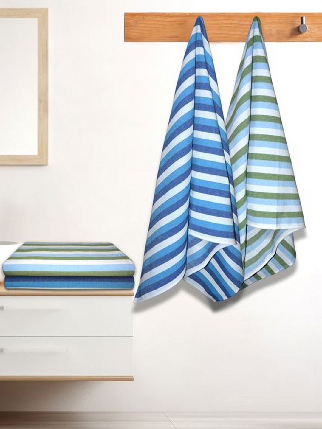 

Athom Living Iris Blue & Green 4 Pieces Striped Printed Cotton 210 GSM Bath Towels