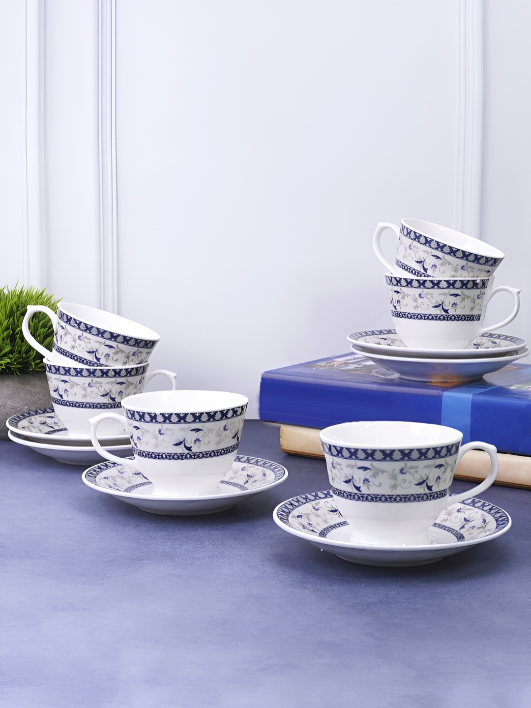 

UPC Set of 6 White & Blue Floral Printed Glossy Ceramic Cups & Saucer Set 180ml