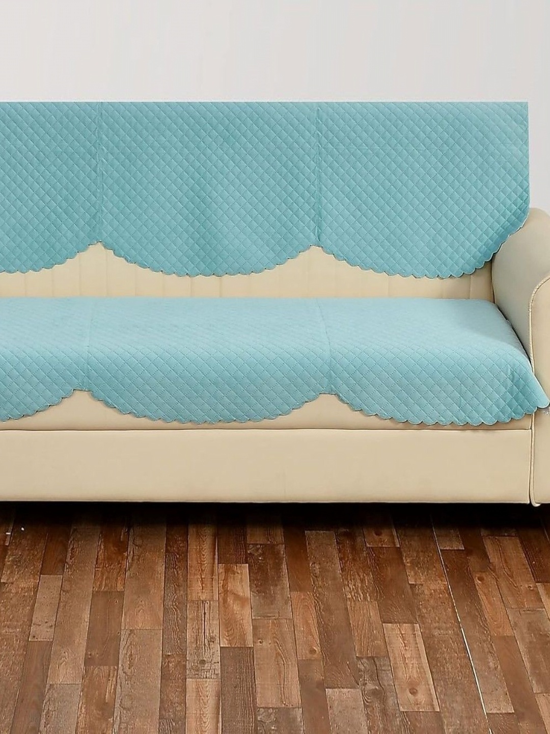 

Bajo's Turquoise Blue 2 Pieces Checked Velvet 3 Seater Sofa Cover