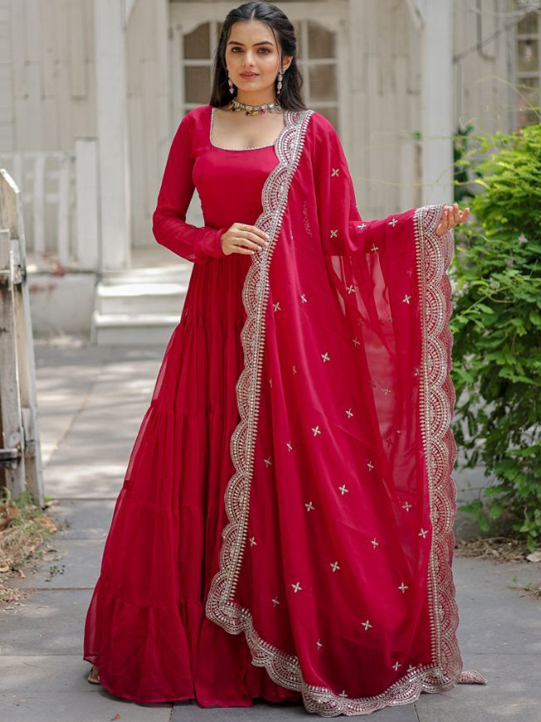 

JATRIQQ Women Embroidered Sequins Ethnic Dress With Dupatta, Red