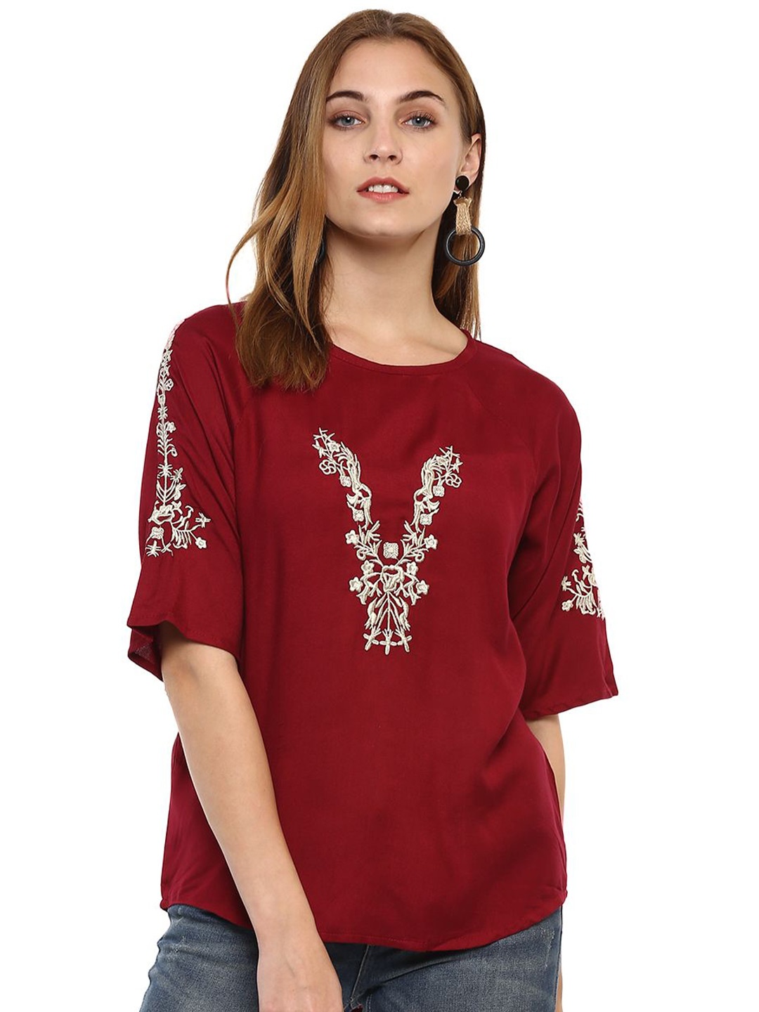

DressBerry Women Floral Embroidered Top, Maroon