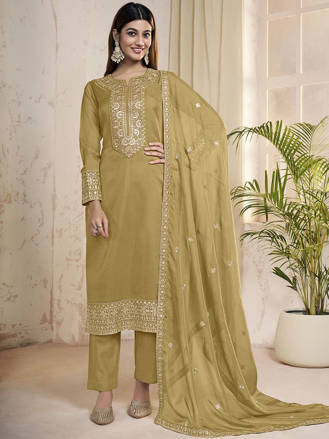 

Inddus Women Ethnic Motifs Yoke Design Regular Sequinned Kurta with Trousers & With Dupatta, Mustard