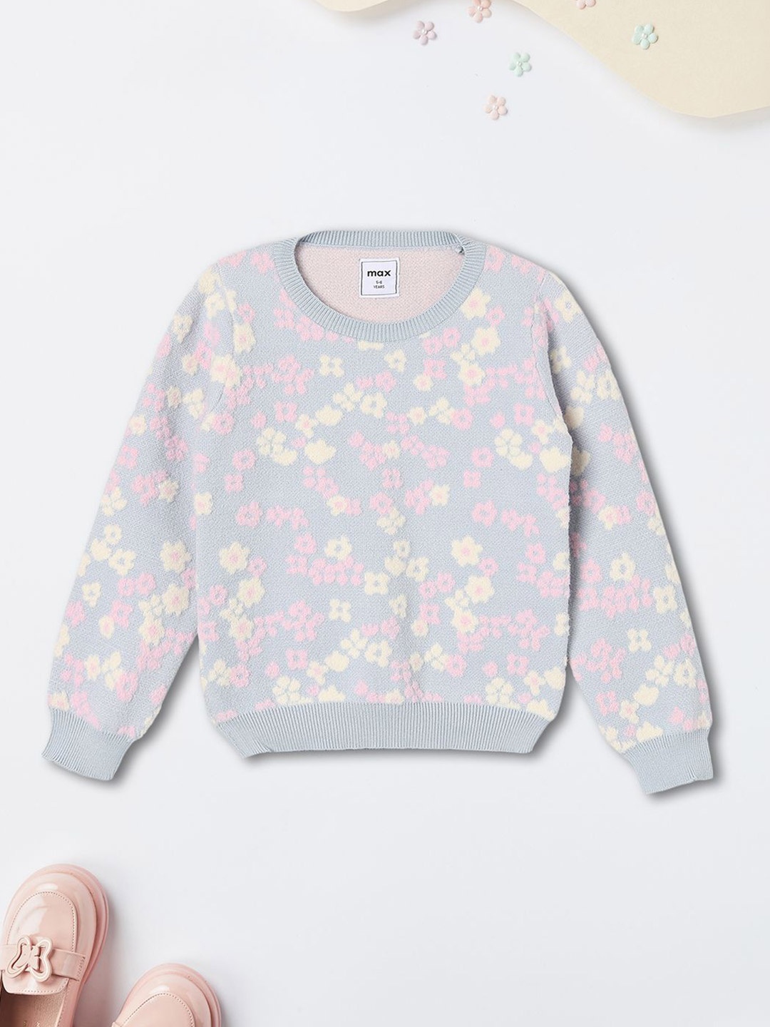 

max Girls Floral Printed Crop Pullover, Blue