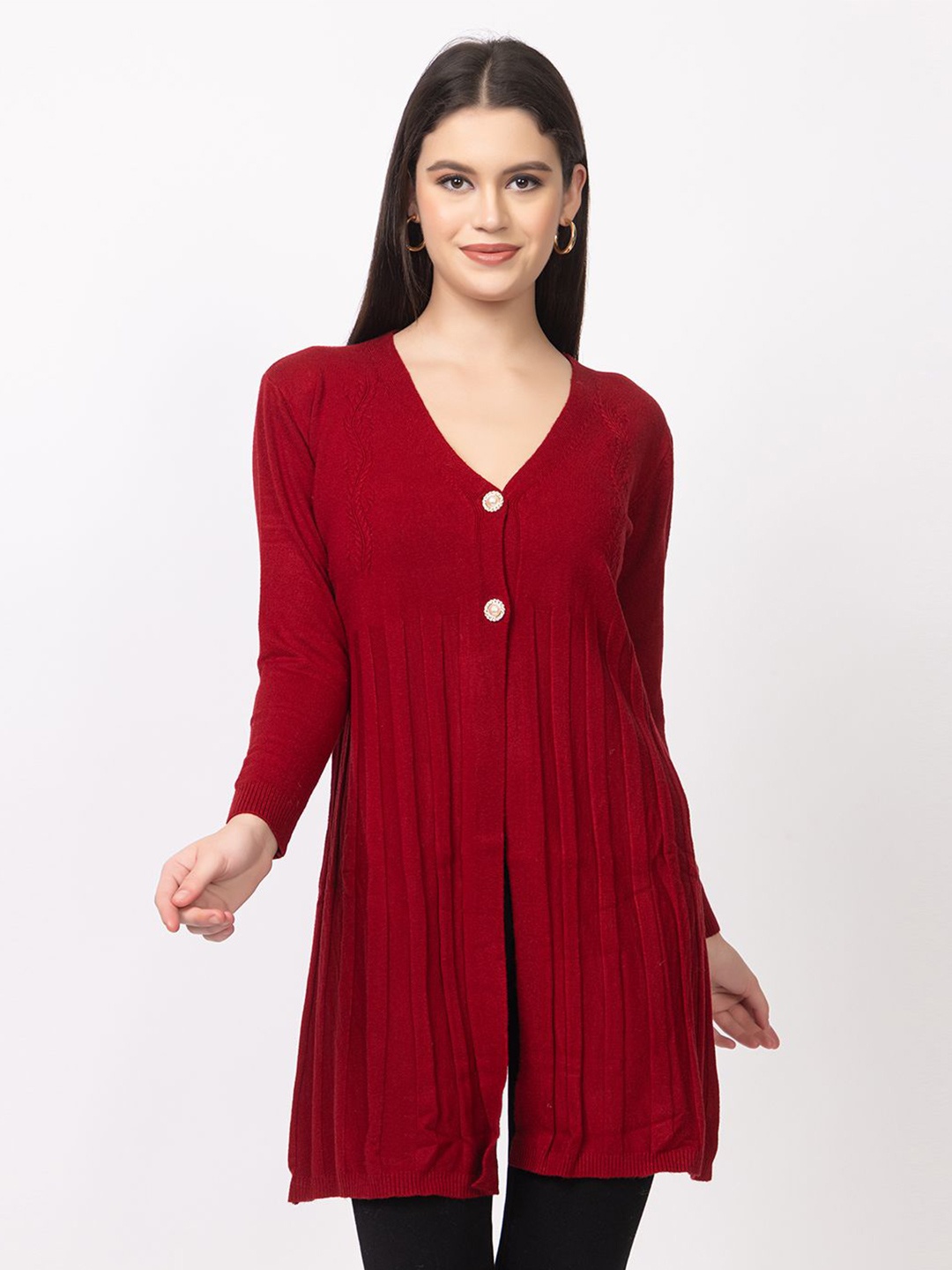 

Lory Cable Knit Woollen Longline Cardigan, Maroon
