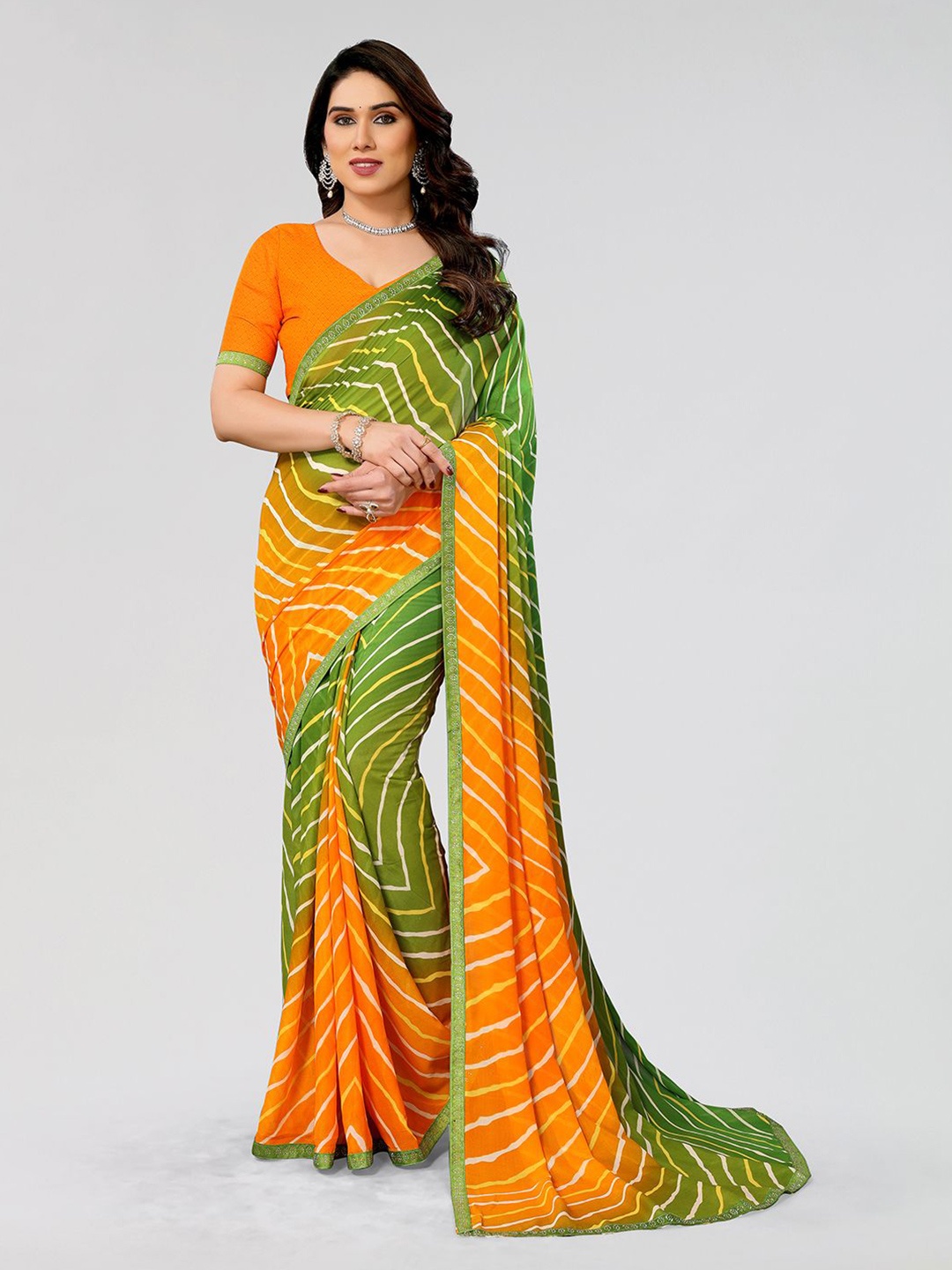 

ANAND SAREES Leheriya Mukaish Pure Georgette Saree, Green