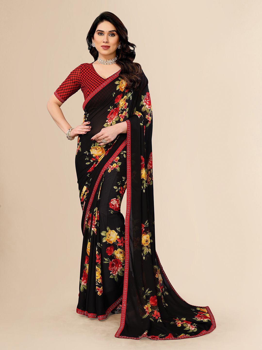 

ANAND SAREES Floral Pure Georgette Saree, Black