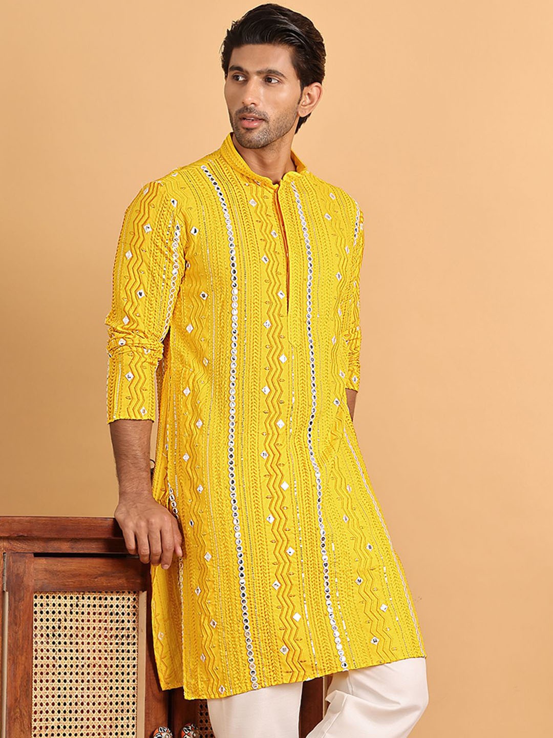 

Anouk Men Geometric Embroidered Mirror Work Kurta, Yellow