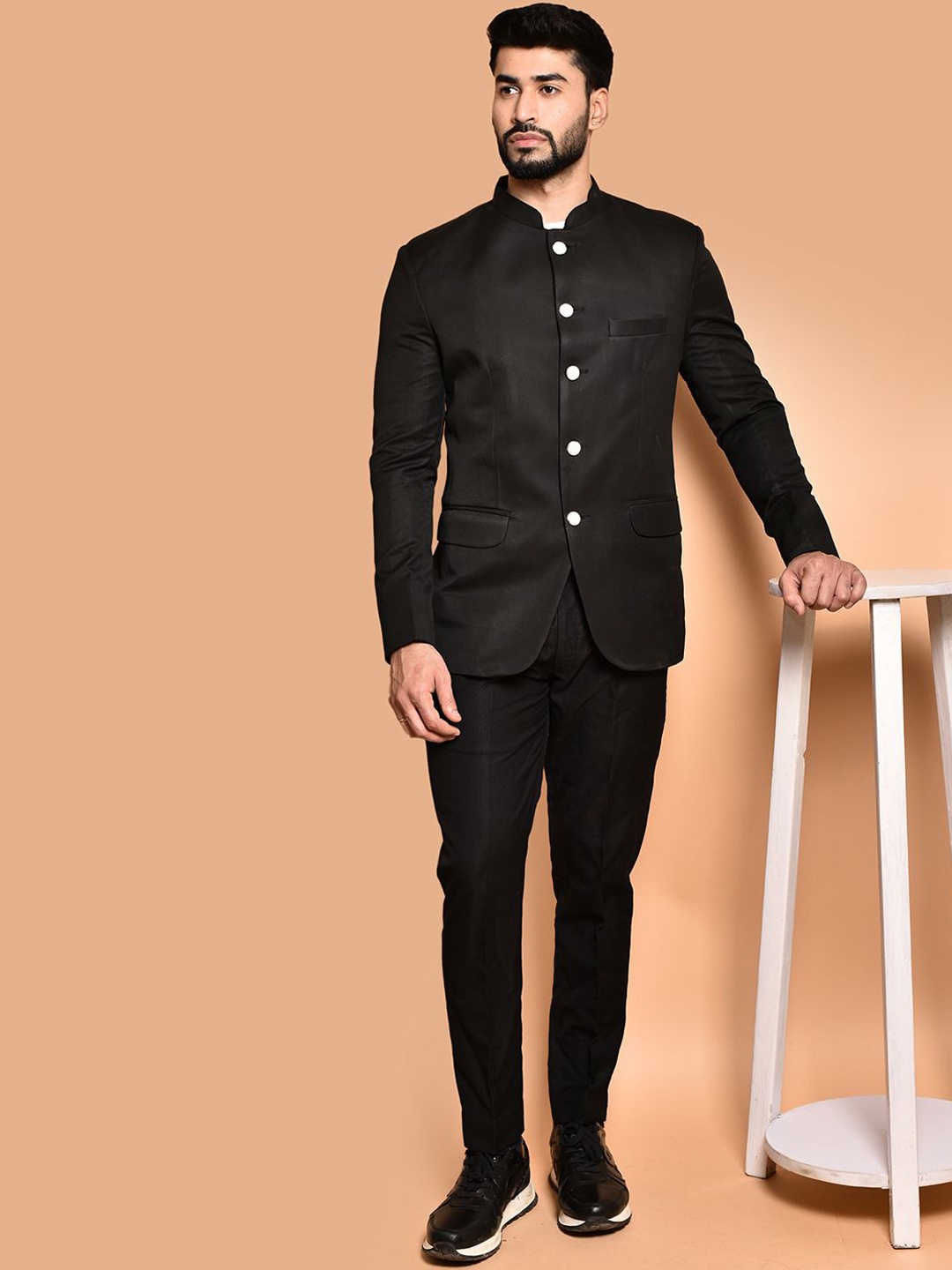 

PRINTINDIA Mandarin Collar Single-Breasted BandhgalaBlazer, Black