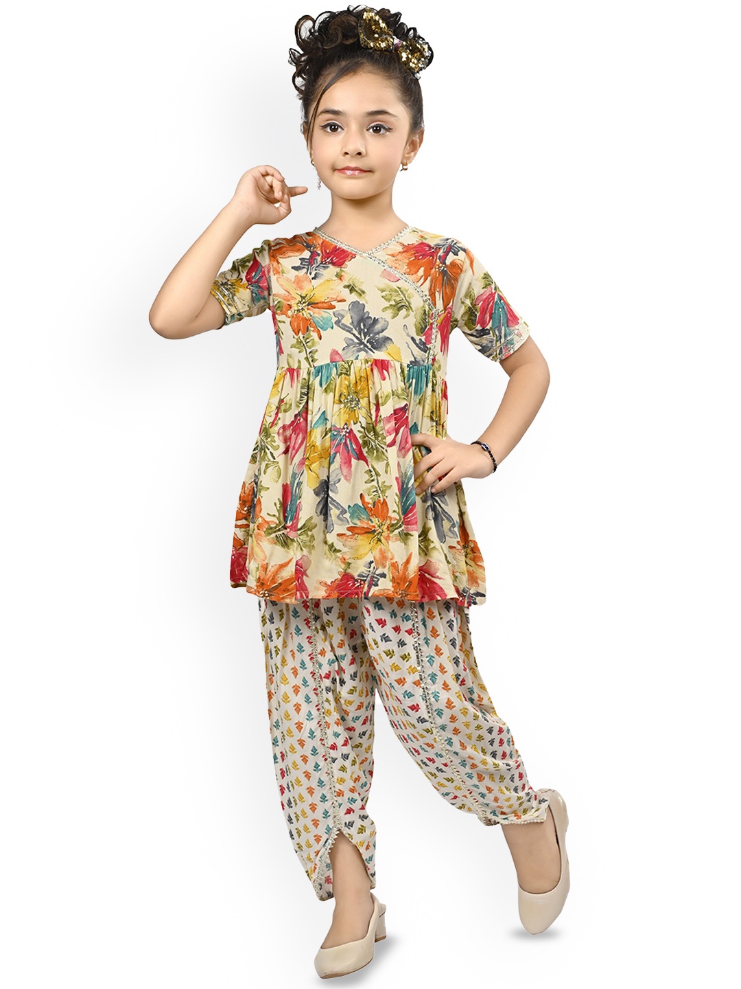

BAESD Girls Floral Printed Regular Kurti with Dhoti Pants, Cream