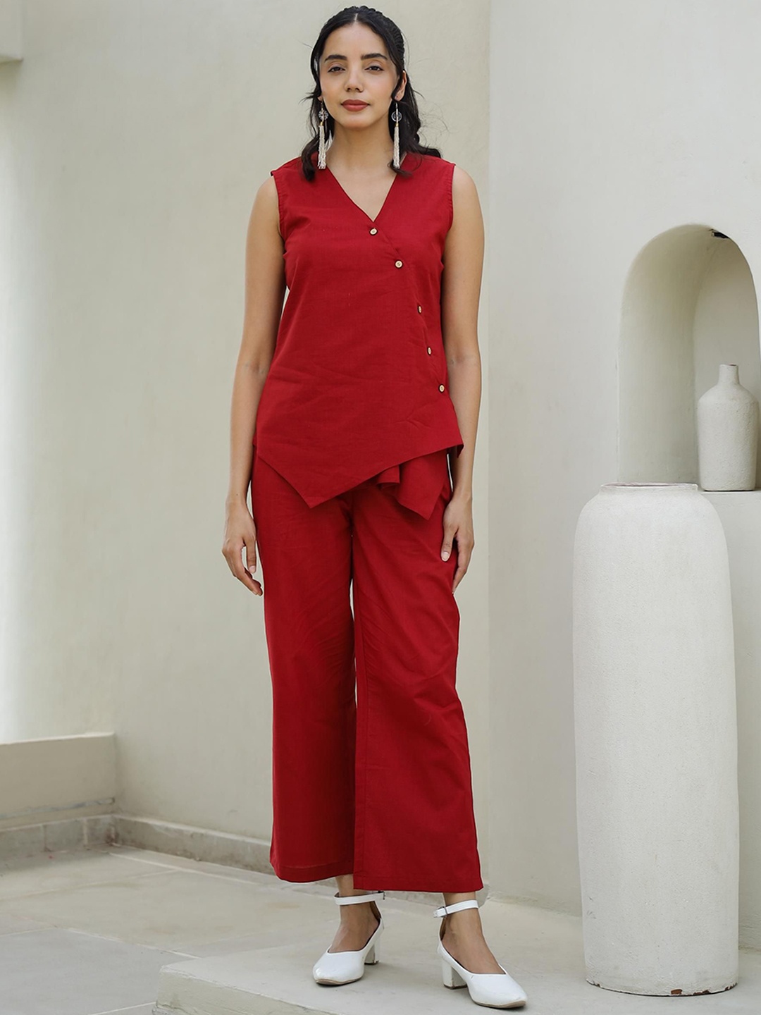 

FLAVIA CREATION V-Neck Pure Cotton Top With Trousers, Maroon