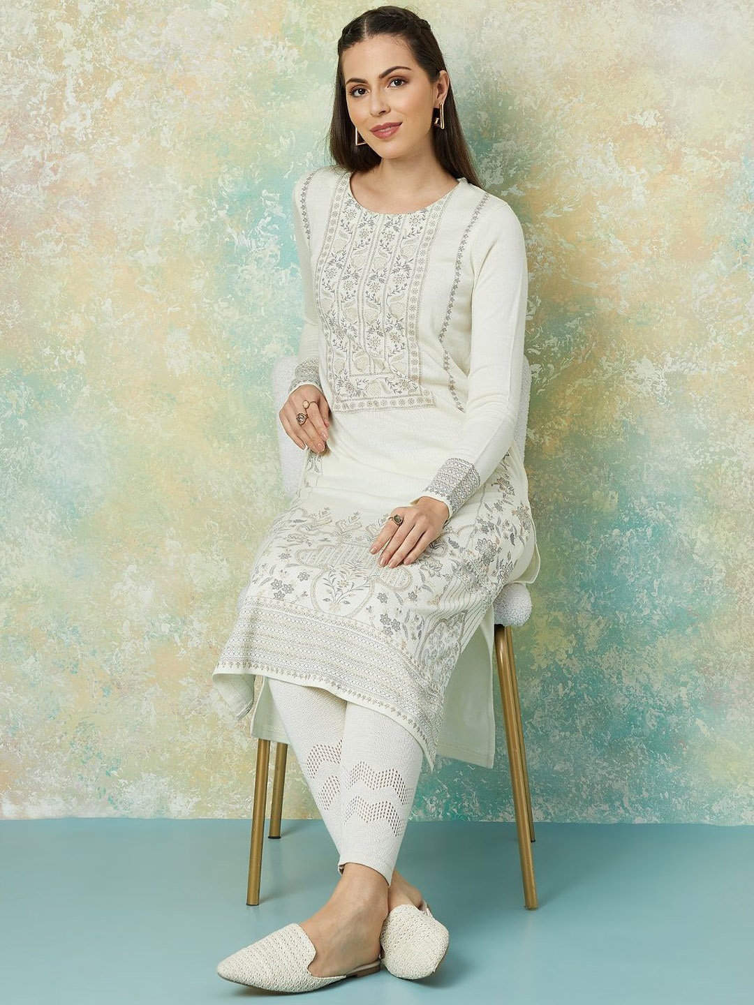 

Melange by Lifestyle Women Embroidered Flared Sleeves Kurta, Off white