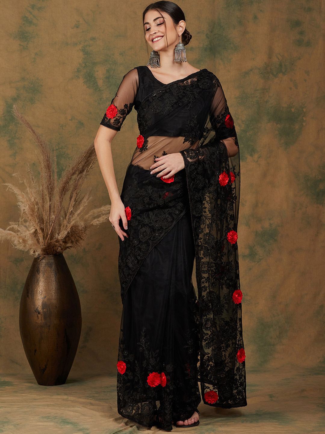 

Suha Embellished Embroidered Supernet Saree, Black