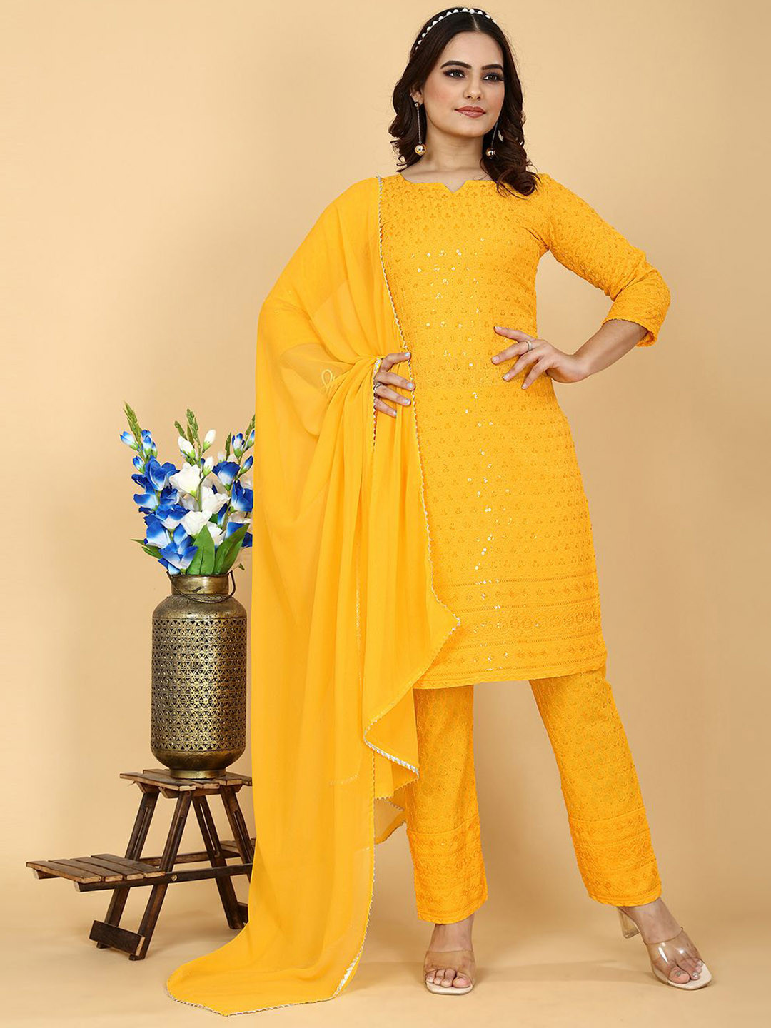 

KALINI Women Floral Embroidered Regular Kurta with Pyjamas & With Dupatta, Yellow