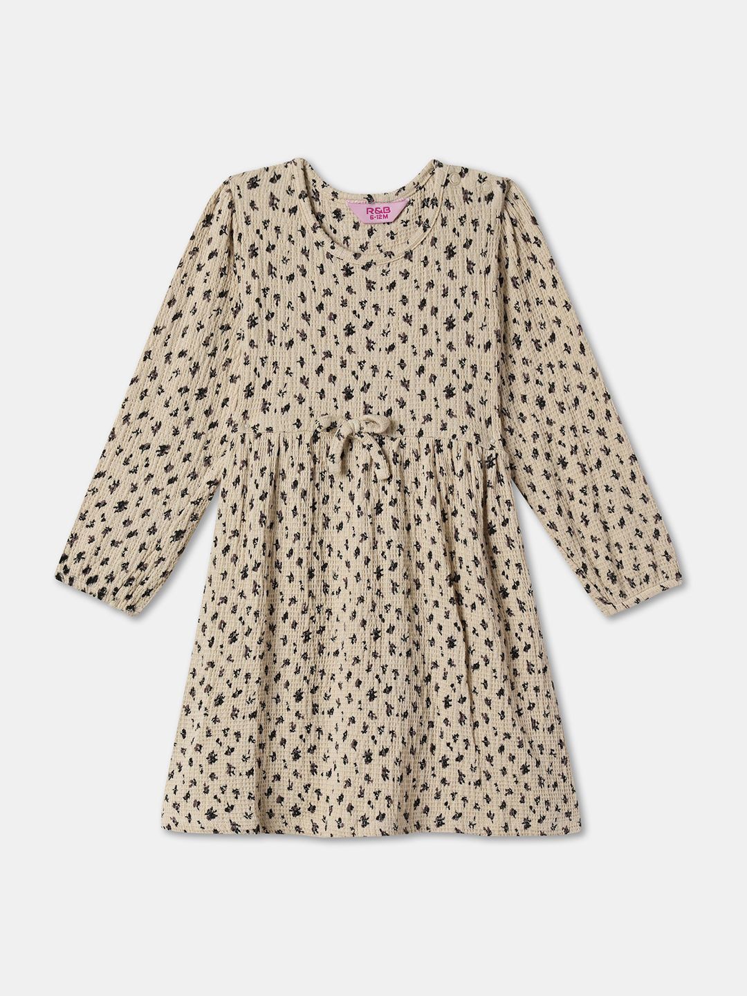 

R&B Girls Round Neck Printed A-Line Dress, Beige
