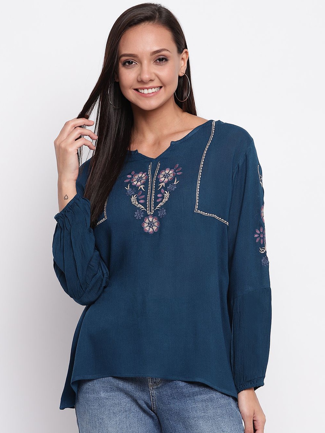 

DressBerry Women Embroidered High-Low Top, Blue