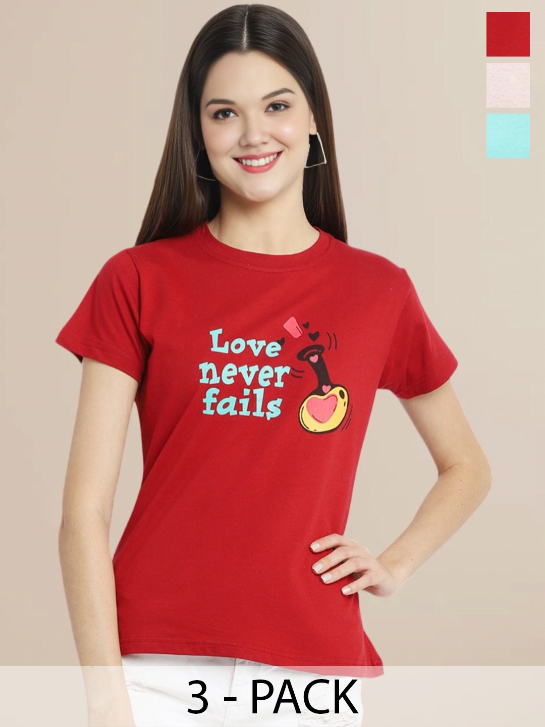 

Metronaut Women Pack Of 3 Typography Printed Round Neck Cotton T-shirts, Peach