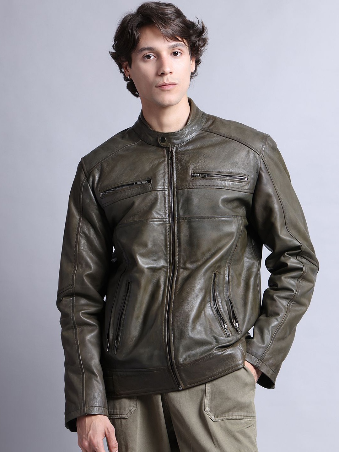 

TAG 7 Men Leather Outdoor Leather Jacket, Olive