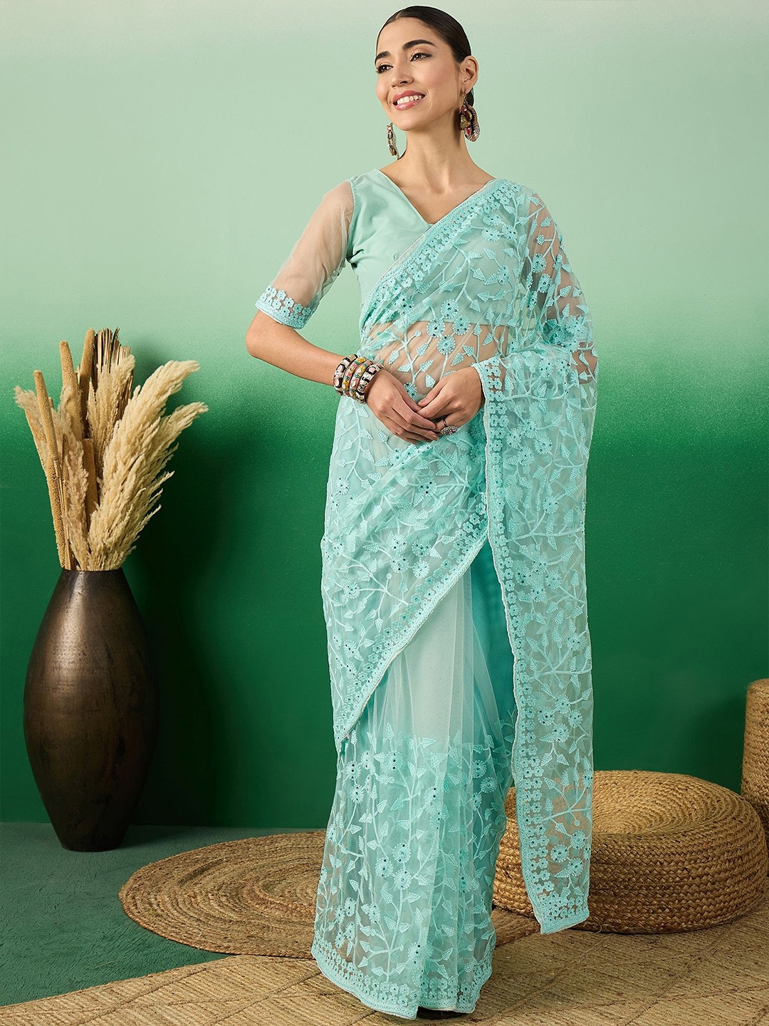 

Suha Floral Embroidered Supernet Saree, Sea green